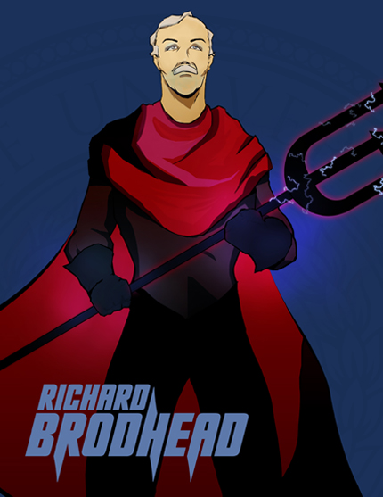 Kompleks comic book illustration of Richard Brodhead for the Greater Durham Chamber of Commerce