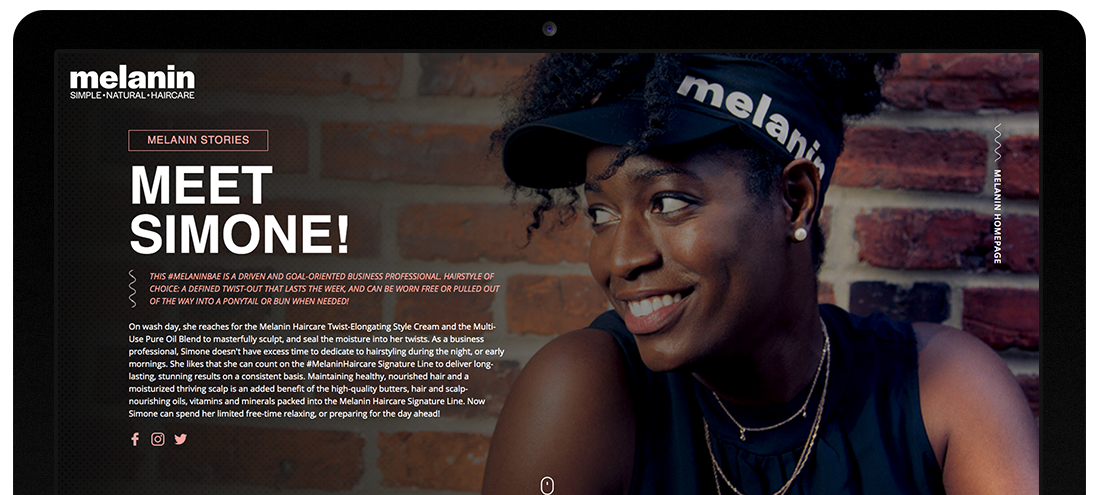 Desktop screenshot of Melanin Haircare landing page. Designed and photographed by Kompleks Creative.