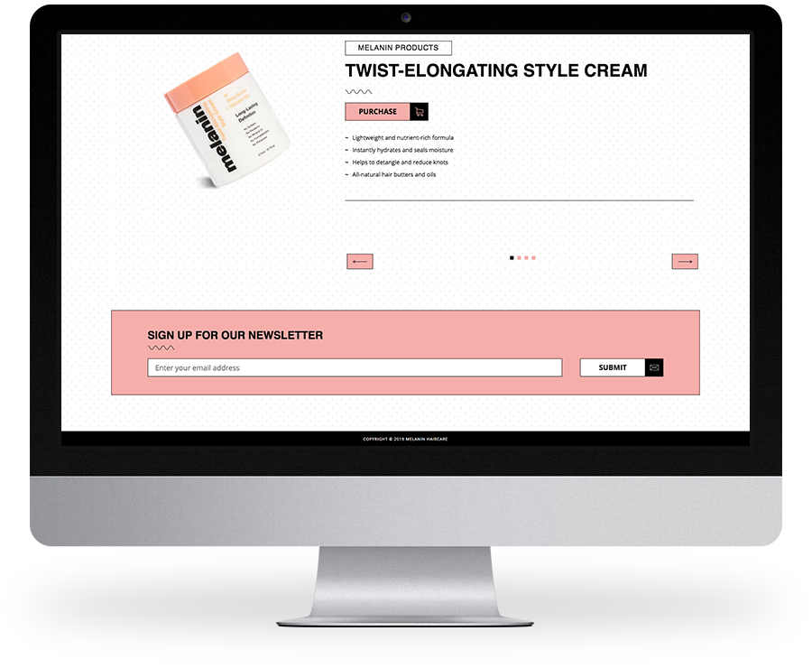 Desktop screenshot of Melanin Haircare landing page. Designed by Kompleks Creative.